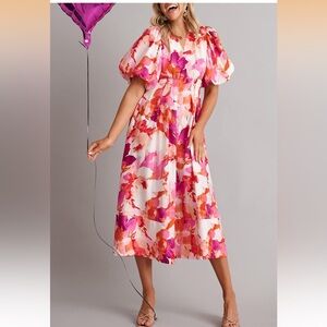 NWT Floral Pink and White Puff Sleeve High Waist Easter Maxi Dress Size Small